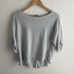 Adrienne Vittadini 1X Womens Linen Top Knit Blue White Stripe 3/4 Sleeve Tee